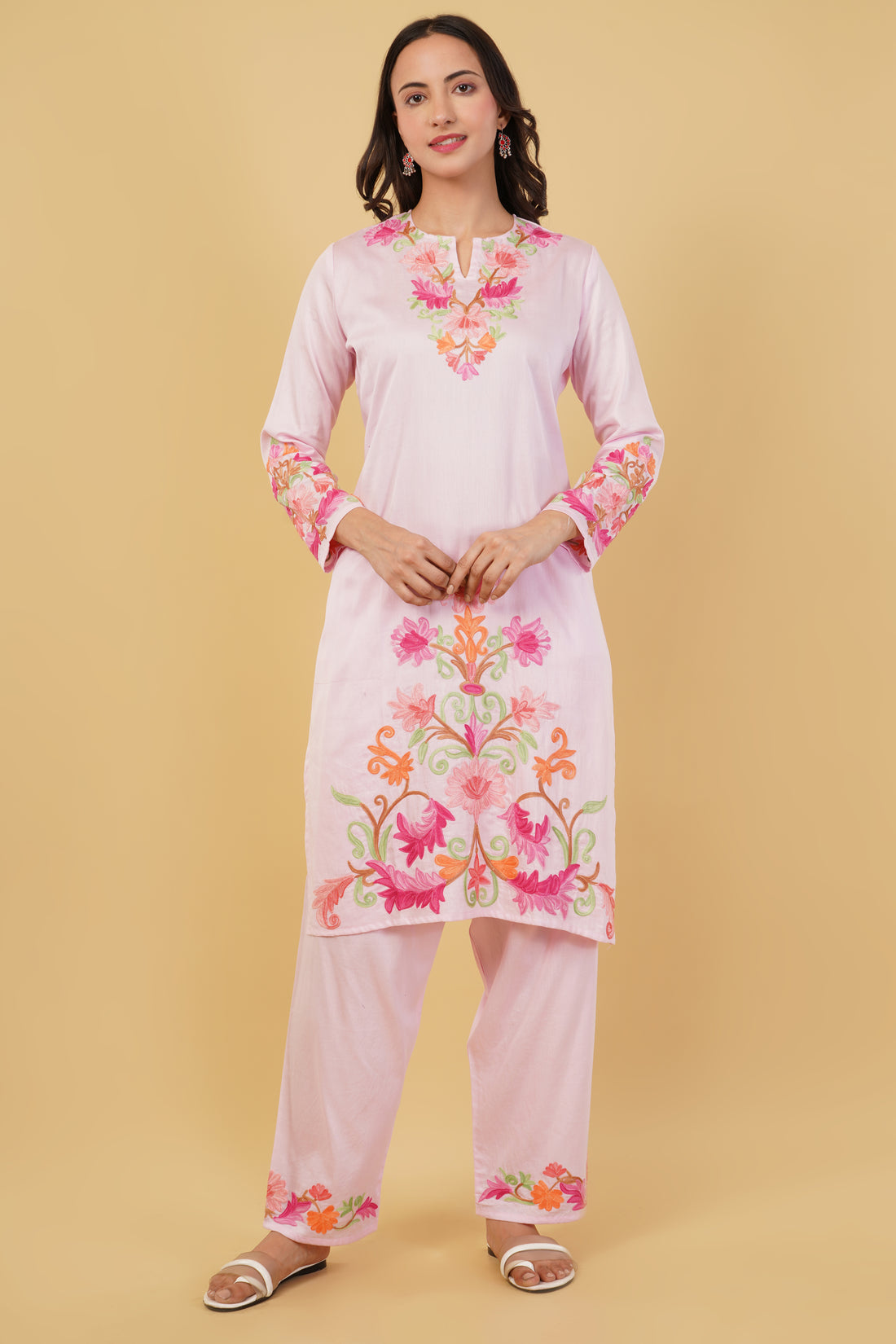 Kashmiri Aari embroidery Jaam Cotton Co-ord set Size-40 (Pink)