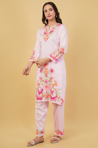 Kashmiri Aari embroidery Jaam Cotton Co-ord set Size-40 (Pink)