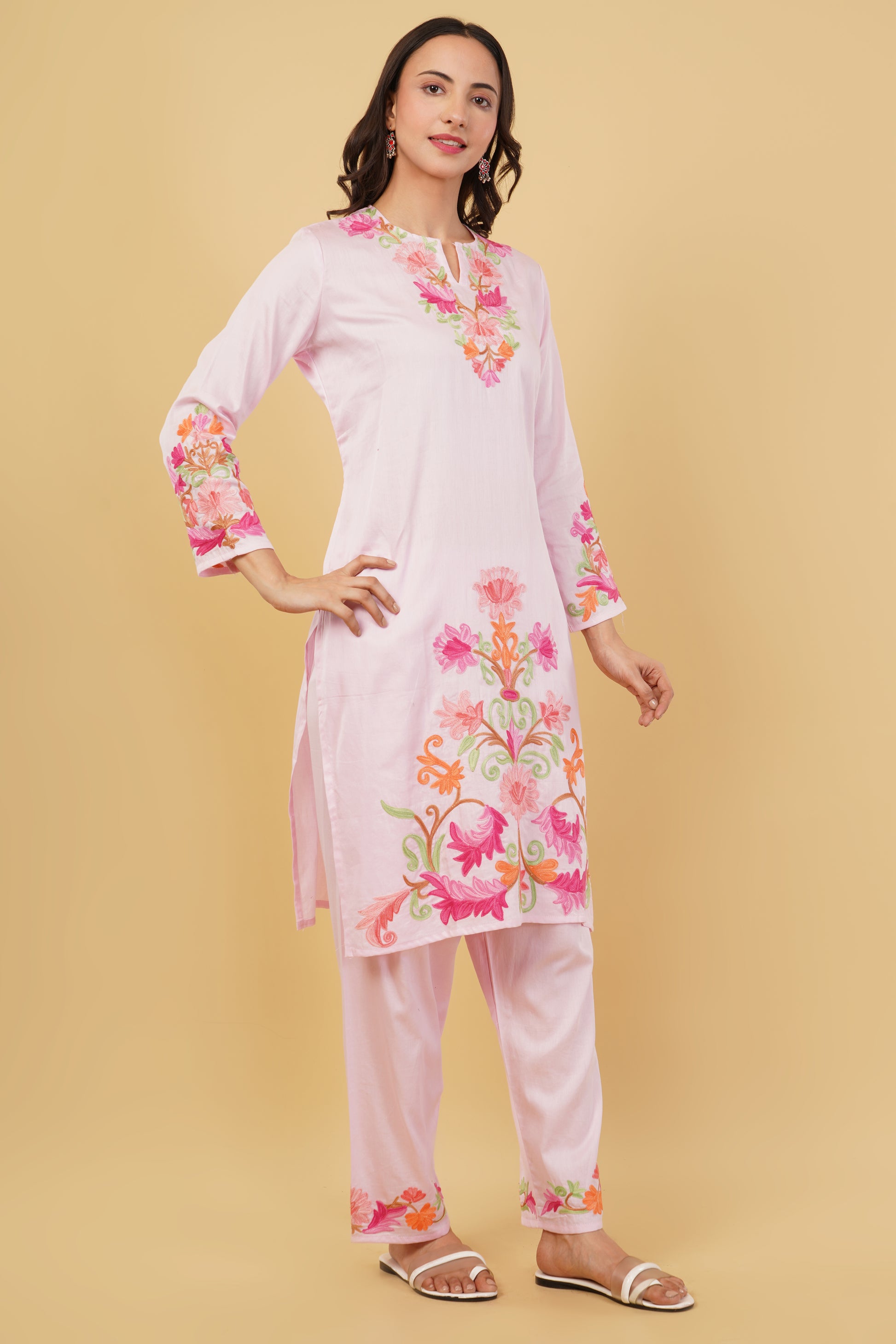 Kashmiri Aari embroidery Jaam Cotton Co-ord set Size-40 (Pink)