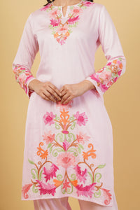 Kashmiri Aari embroidery Jaam Cotton Co-ord set Size-40 (Pink)