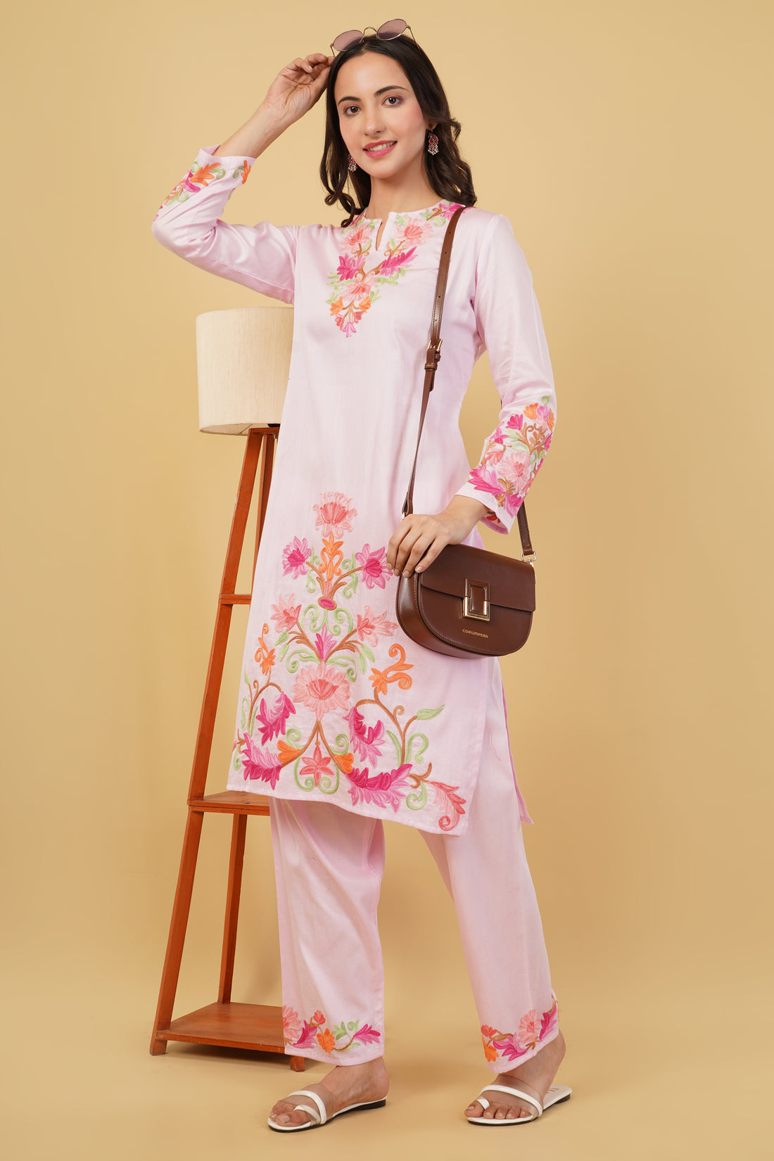 Kashmiri Aari embroidery Jaam Cotton Co-ord set Size-40 (Pink)