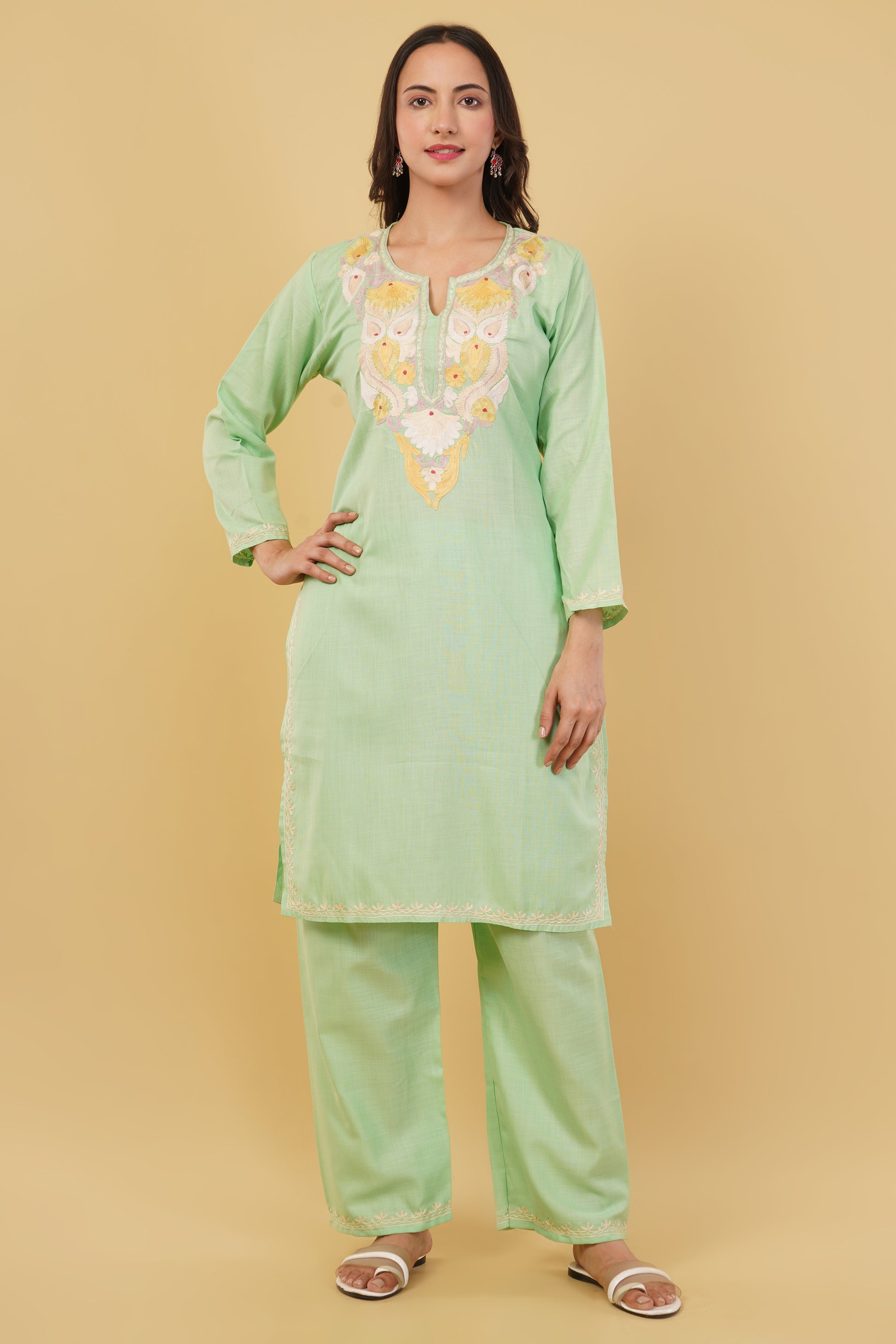 Kashmiri Aari embroidery Cotton Co-ord set Size-38 (Green)