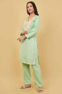 Kashmiri Aari embroidery Cotton Co-ord set Size-38 (Green)
