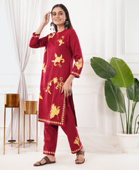 Pure Acro Wool Kashmiri Aari Embroidery Kurti & Pant Set (Red)