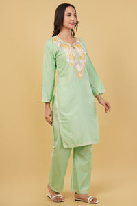 Kashmiri Aari embroidery Cotton Co-ord set Size-38 (Green)