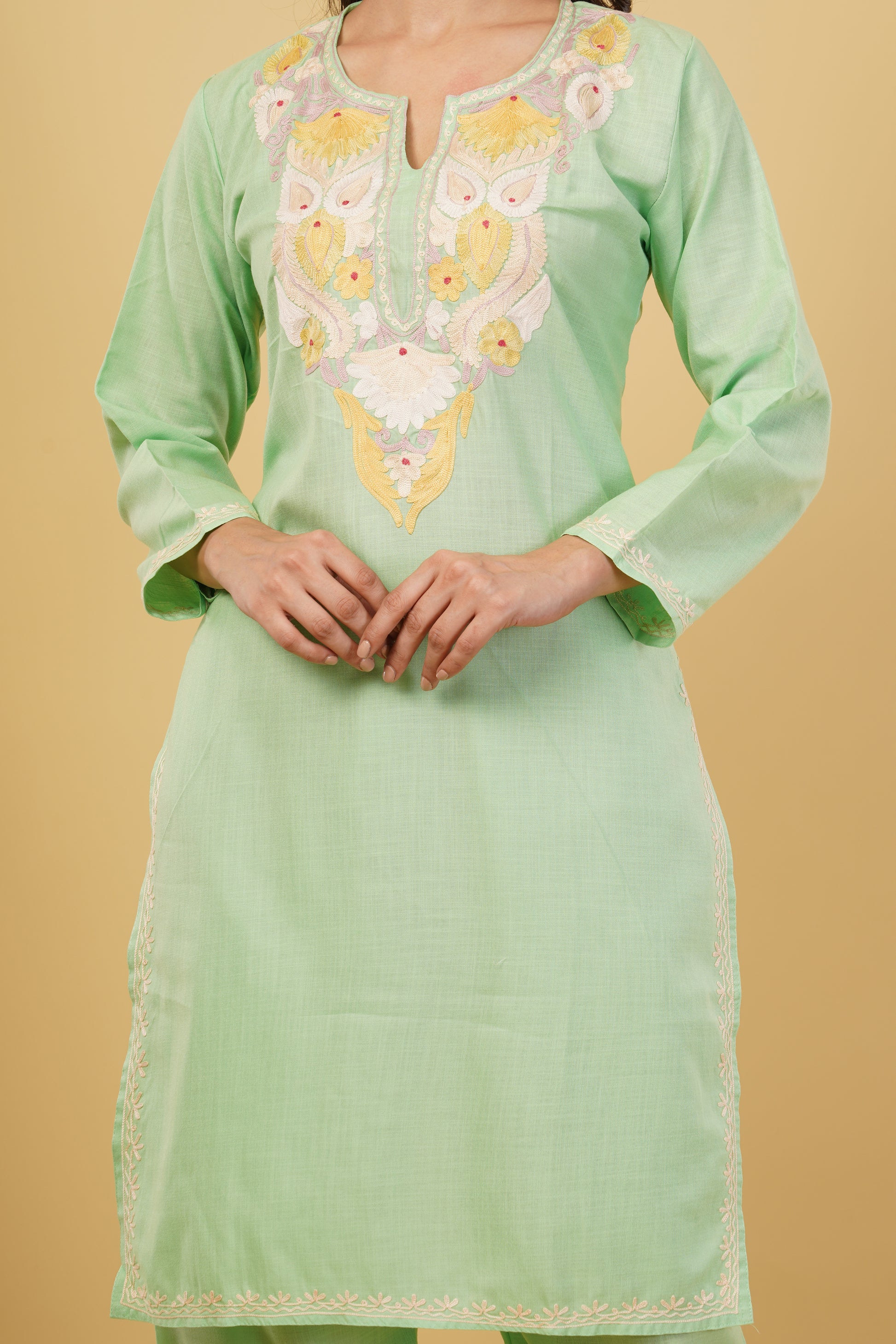 Kashmiri Aari embroidery Cotton Co-ord set Size-38 (Green)