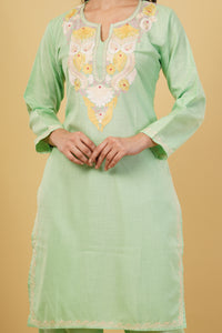 Kashmiri Aari embroidery Cotton Co-ord set Size-38 (Green)
