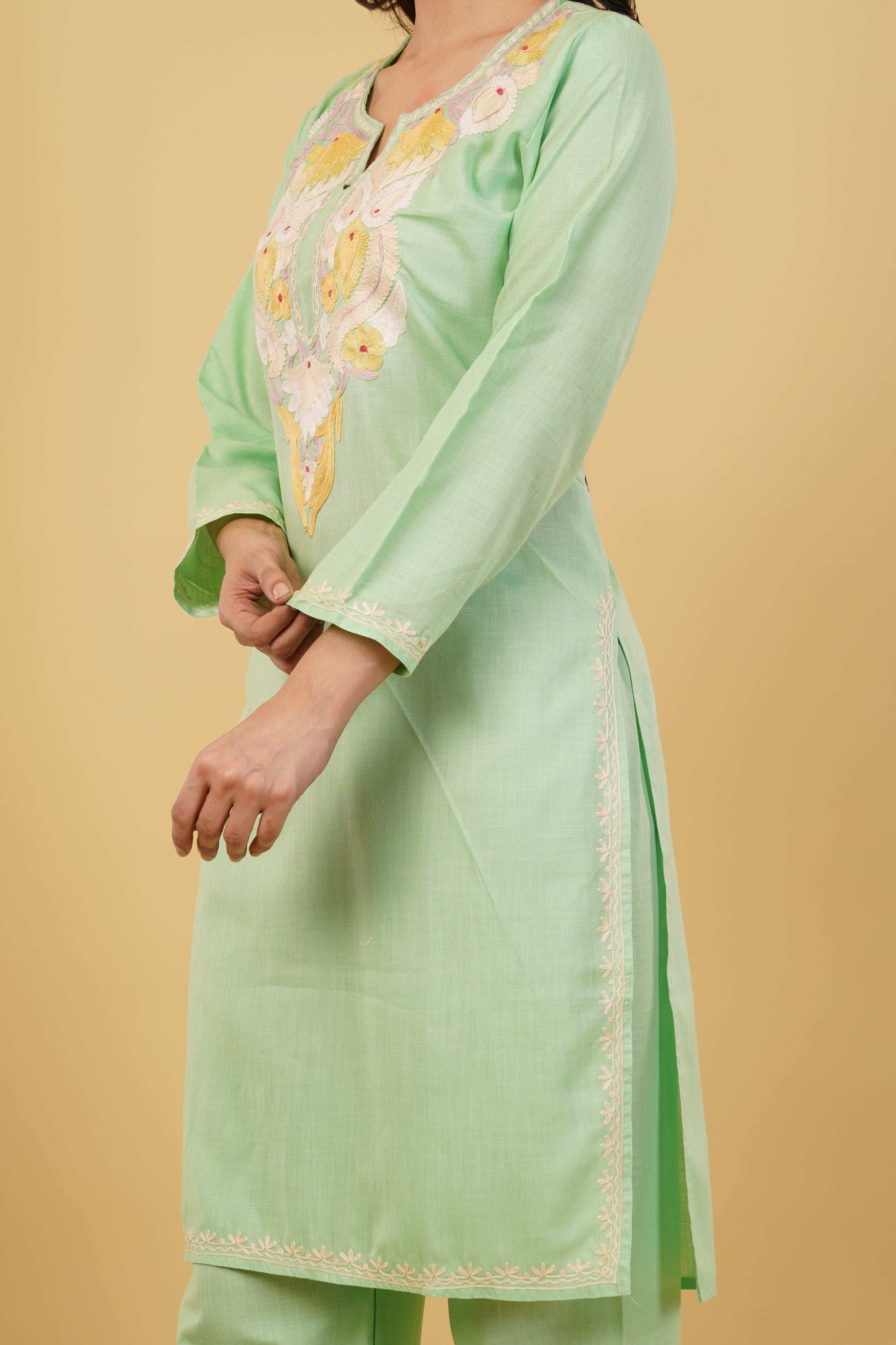 Kashmiri Aari embroidery Cotton Co-ord set Size-38 (Green)