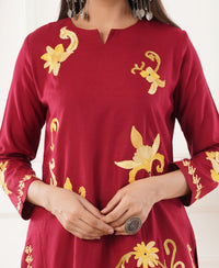 Pure Acro Wool Kashmiri Aari Embroidery Kurti & Pant Set (Red)