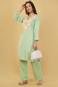 Kashmiri Aari embroidery Cotton Co-ord set Size-38 (Green)