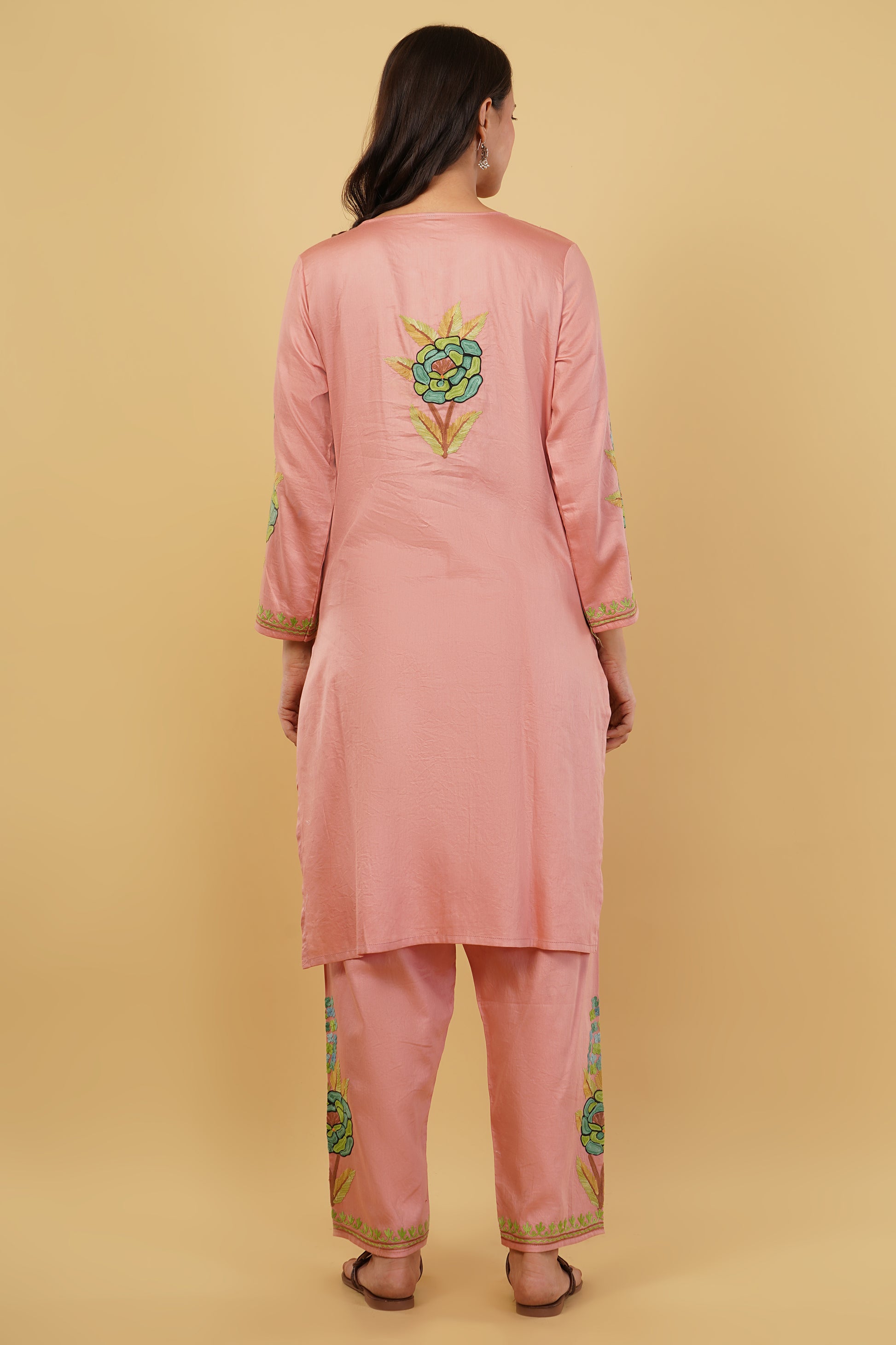 Kashmiri Aari embroidery Jaam Cotton Co-ord set Size-40 (Salmon Pink)