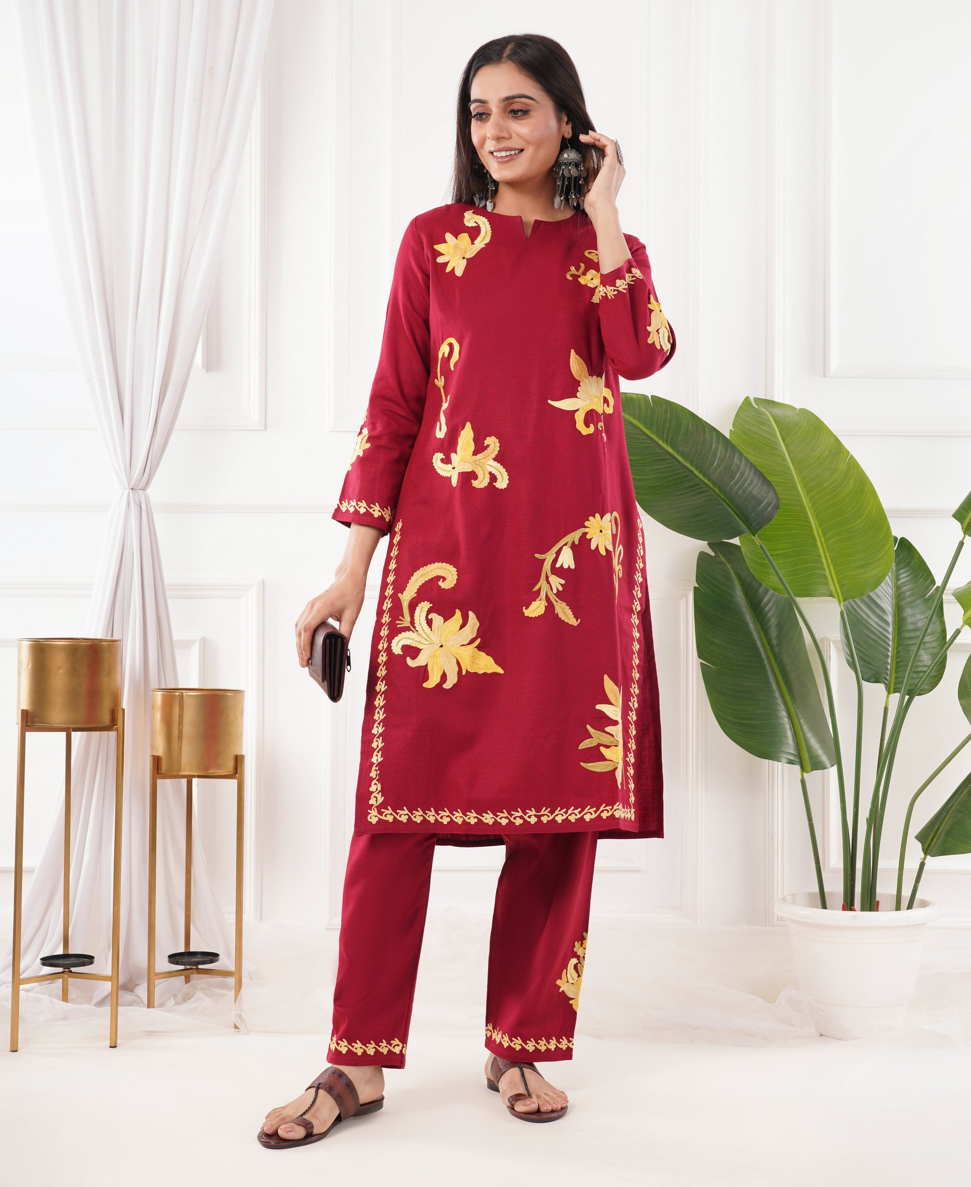 Pure Acro Wool Kashmiri Aari Embroidery Kurti & Pant Set (Red)