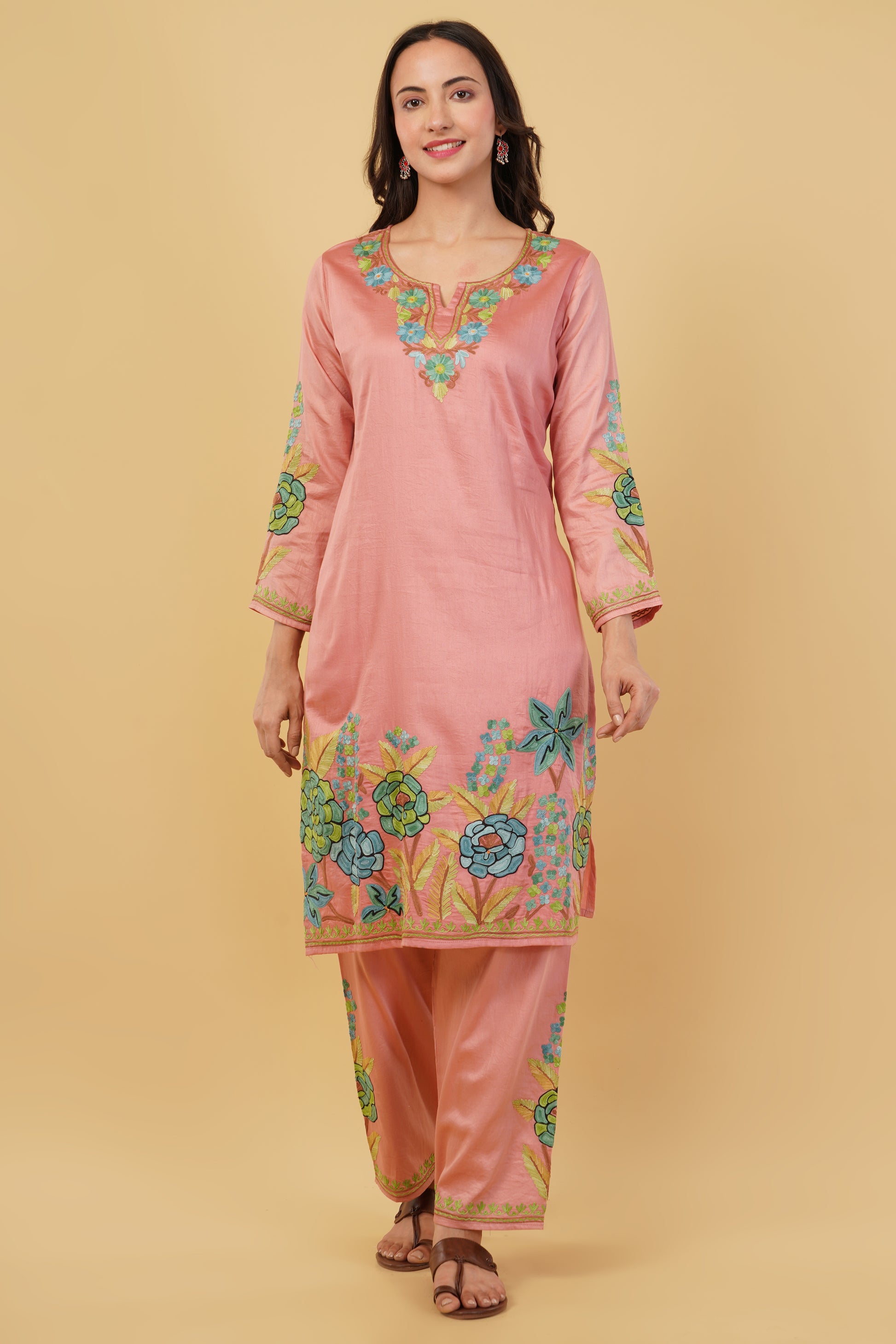 Kashmiri Aari embroidery Jaam Cotton Co-ord set Size-40 (Salmon Pink)