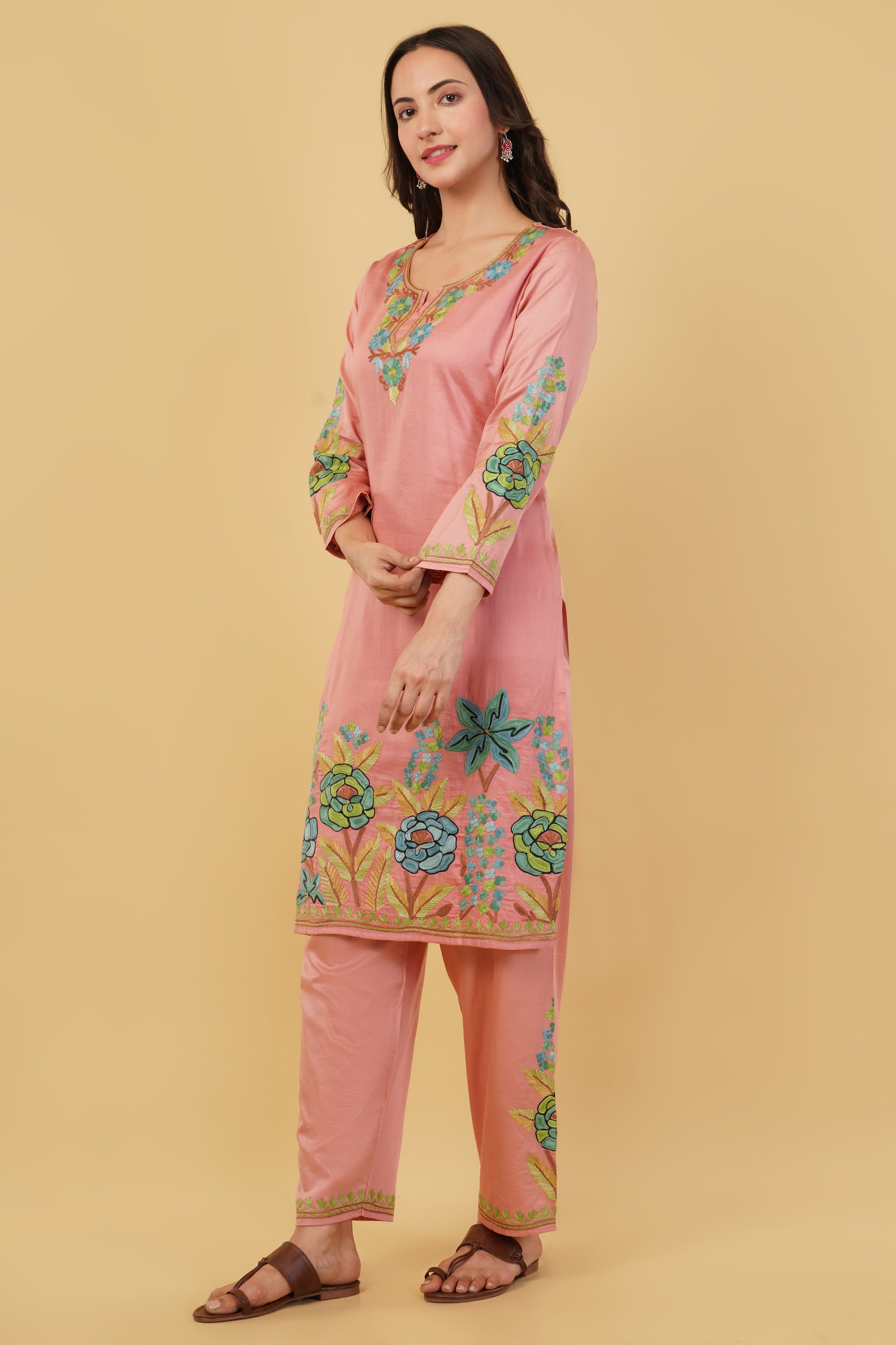 Kashmiri Aari embroidery Jaam Cotton Co-ord set Size-40 (Salmon Pink)