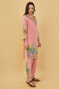 Kashmiri Aari embroidery Jaam Cotton Co-ord set Size-40 (Salmon Pink)