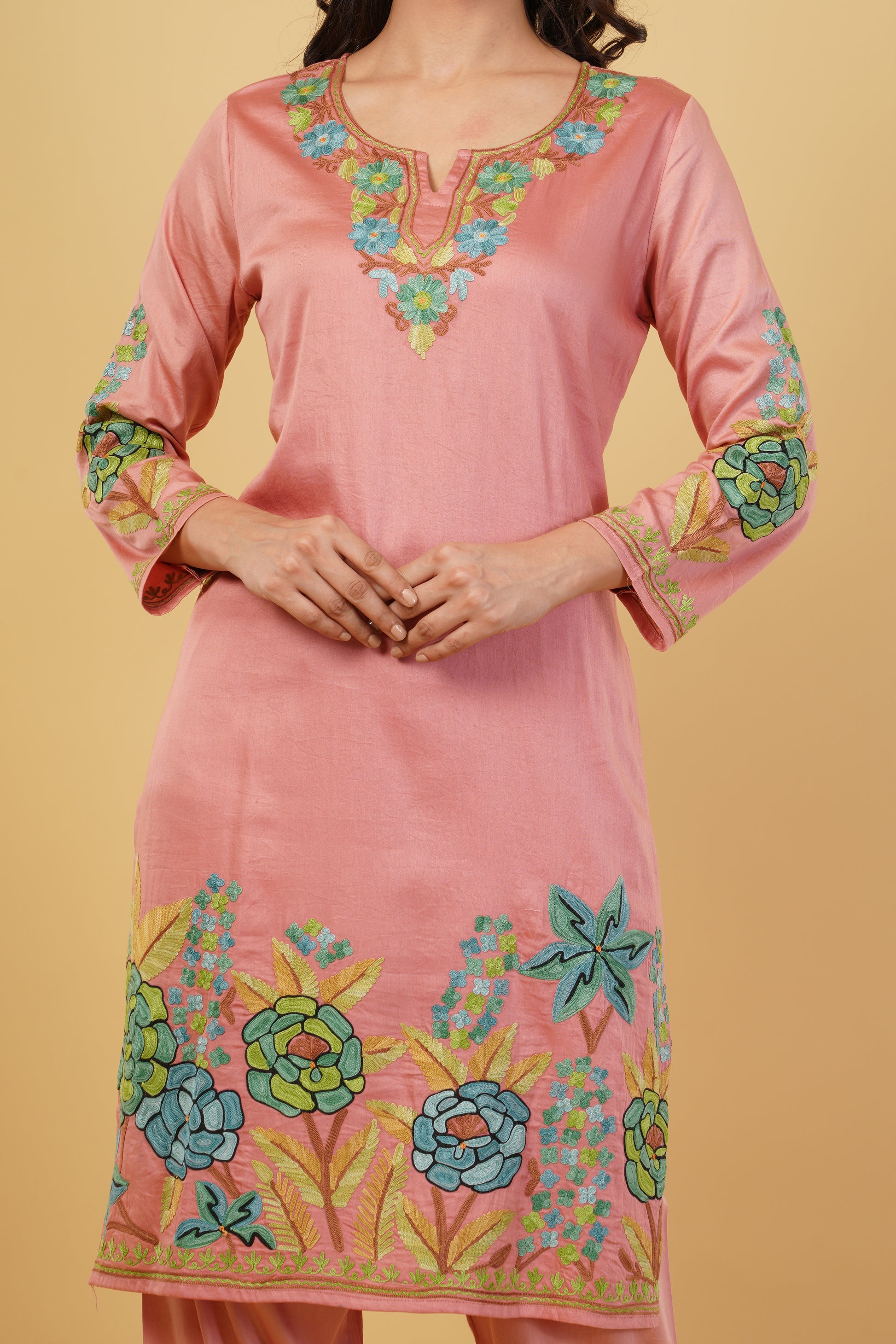 Kashmiri Aari embroidery Jaam Cotton Co-ord set Size-40 (Salmon Pink)