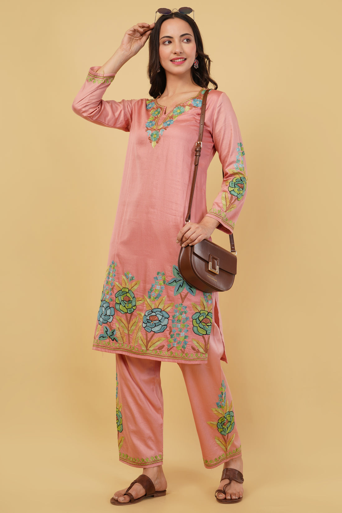 Kashmiri Aari embroidery Jaam Cotton Co-ord set Size-40 (Salmon Pink)