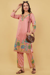 Kashmiri Aari embroidery Jaam Cotton Co-ord set Size-40 (Salmon Pink)