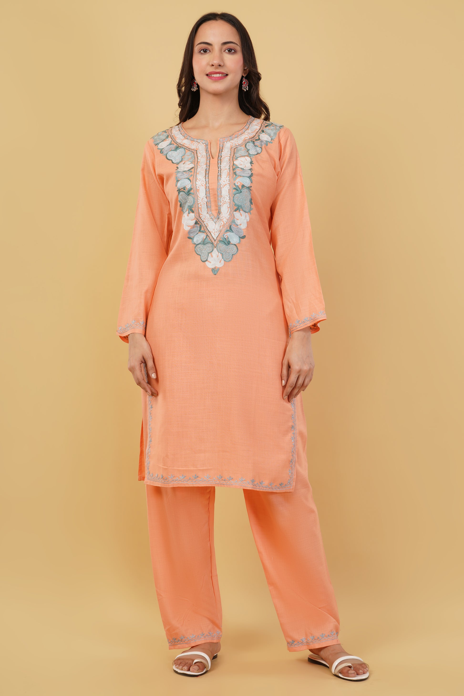 Kashmiri Aari embroidery Cotton Co-ord set Size-38 (Peach)