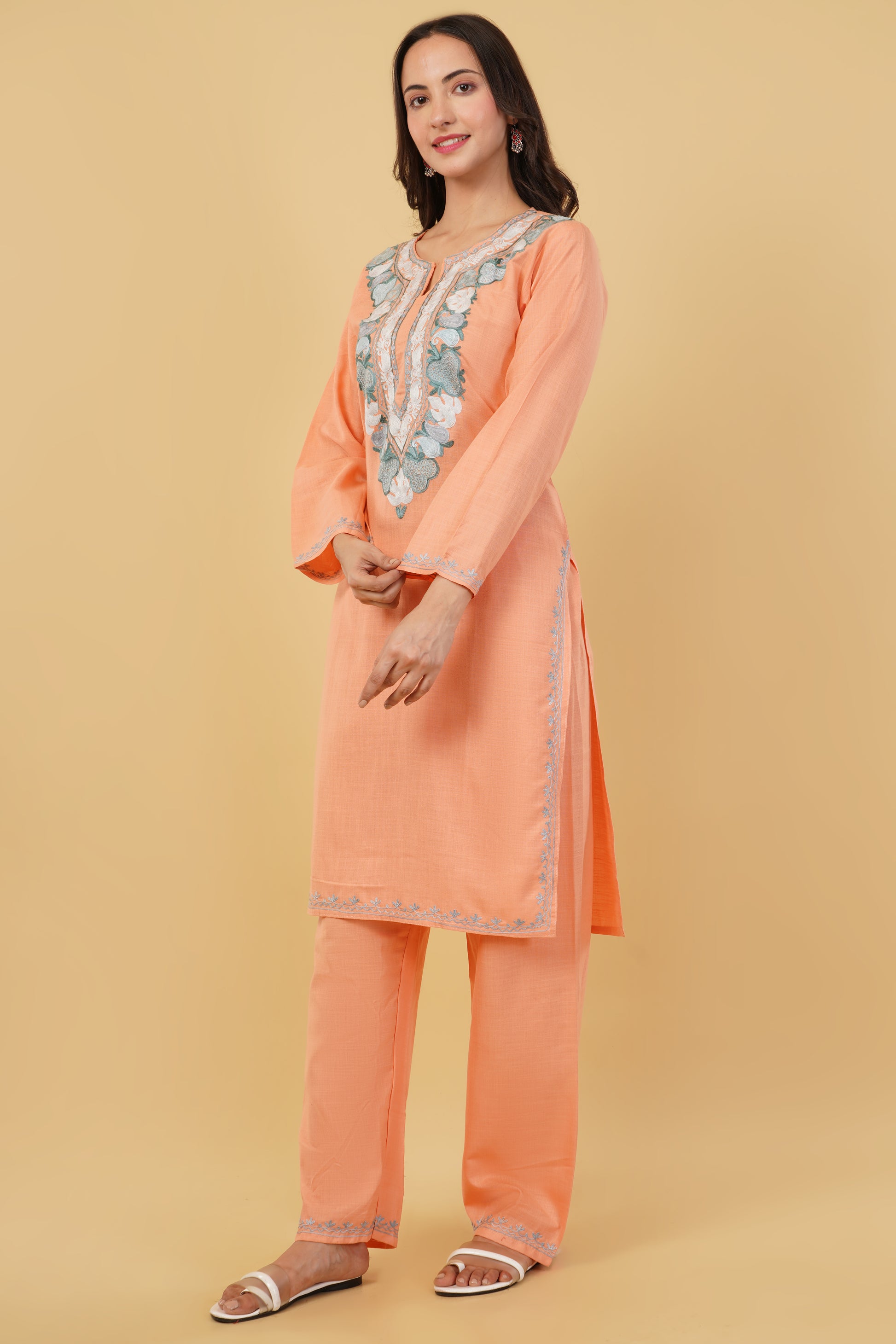 Kashmiri Aari embroidery Cotton Co-ord set Size-38 (Peach)