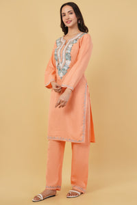 Kashmiri Aari embroidery Cotton Co-ord set Size-38 (Peach)