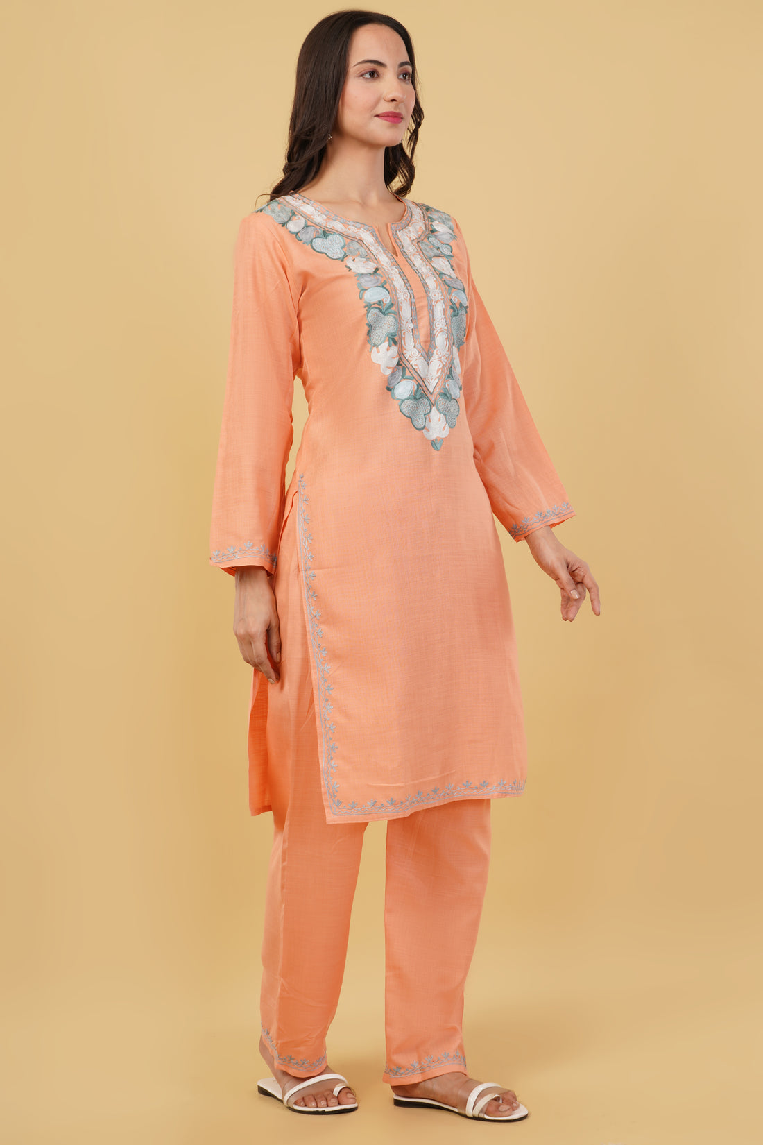 Kashmiri Aari embroidery Cotton Co-ord set Size-38 (Peach)
