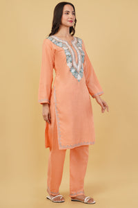 Kashmiri Aari embroidery Cotton Co-ord set Size-38 (Peach)