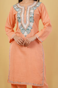 Kashmiri Aari embroidery Cotton Co-ord set Size-38 (Peach)