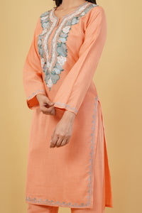 Kashmiri Aari embroidery Cotton Co-ord set Size-38 (Peach)
