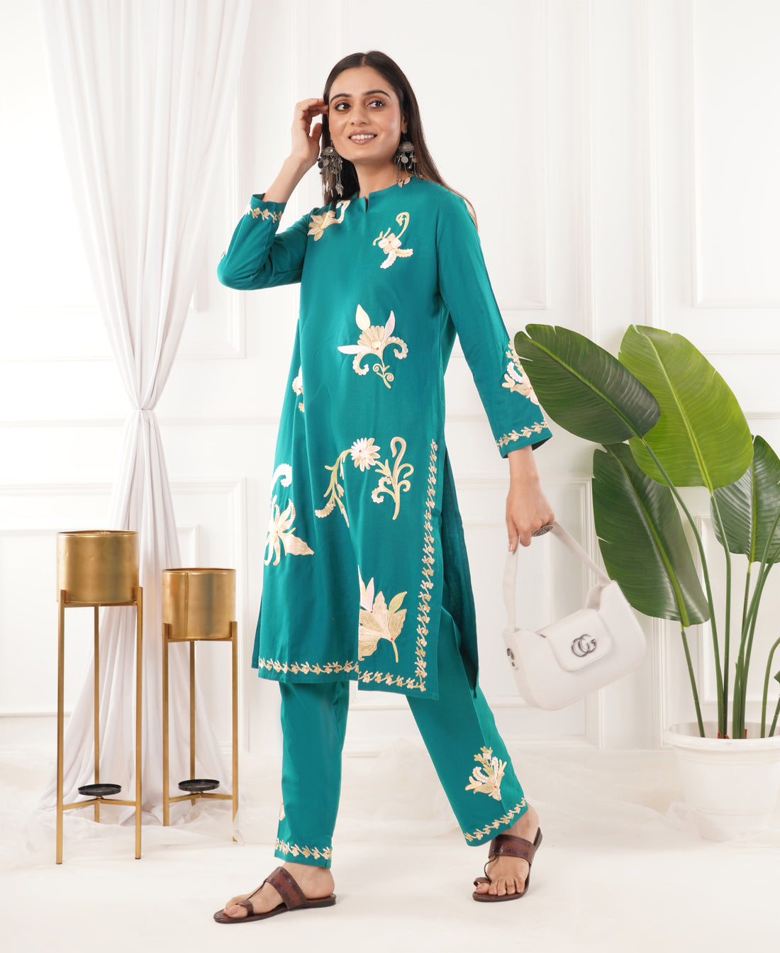 Premium Acro Wool Winter Kurti & Pant Set (Rama Green)