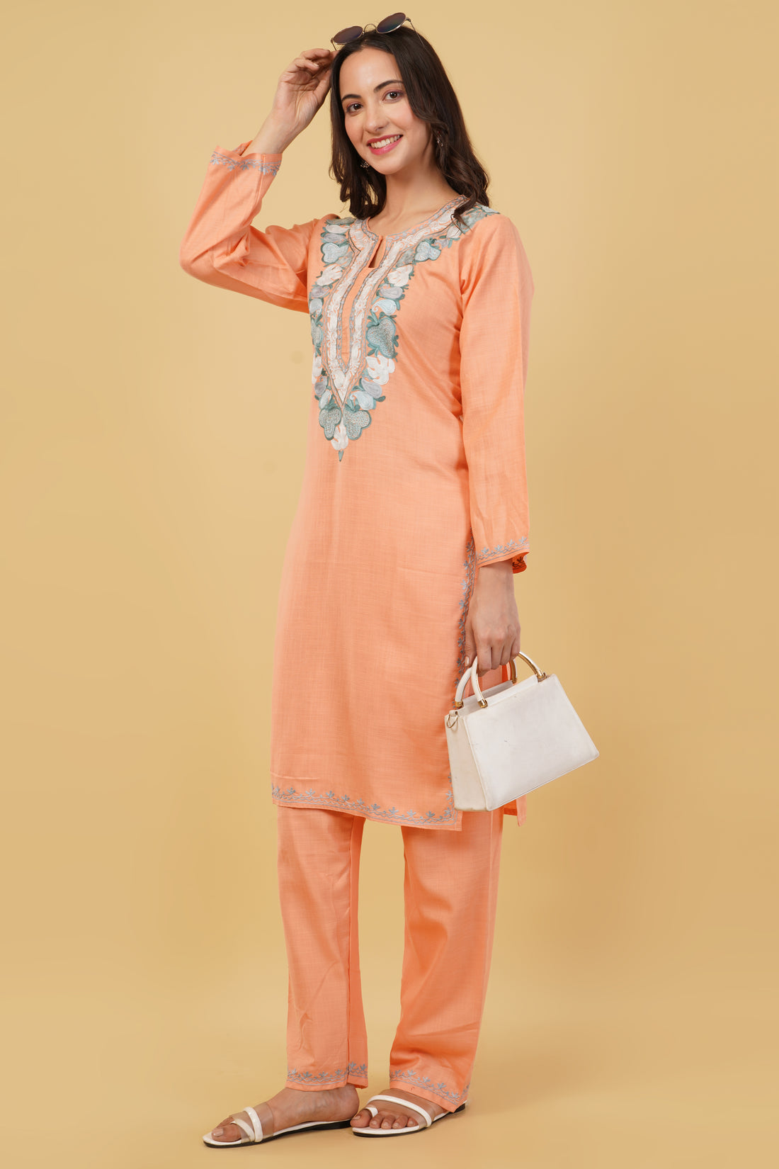 Kashmiri Aari embroidery Cotton Co-ord set Size-38 (Peach)