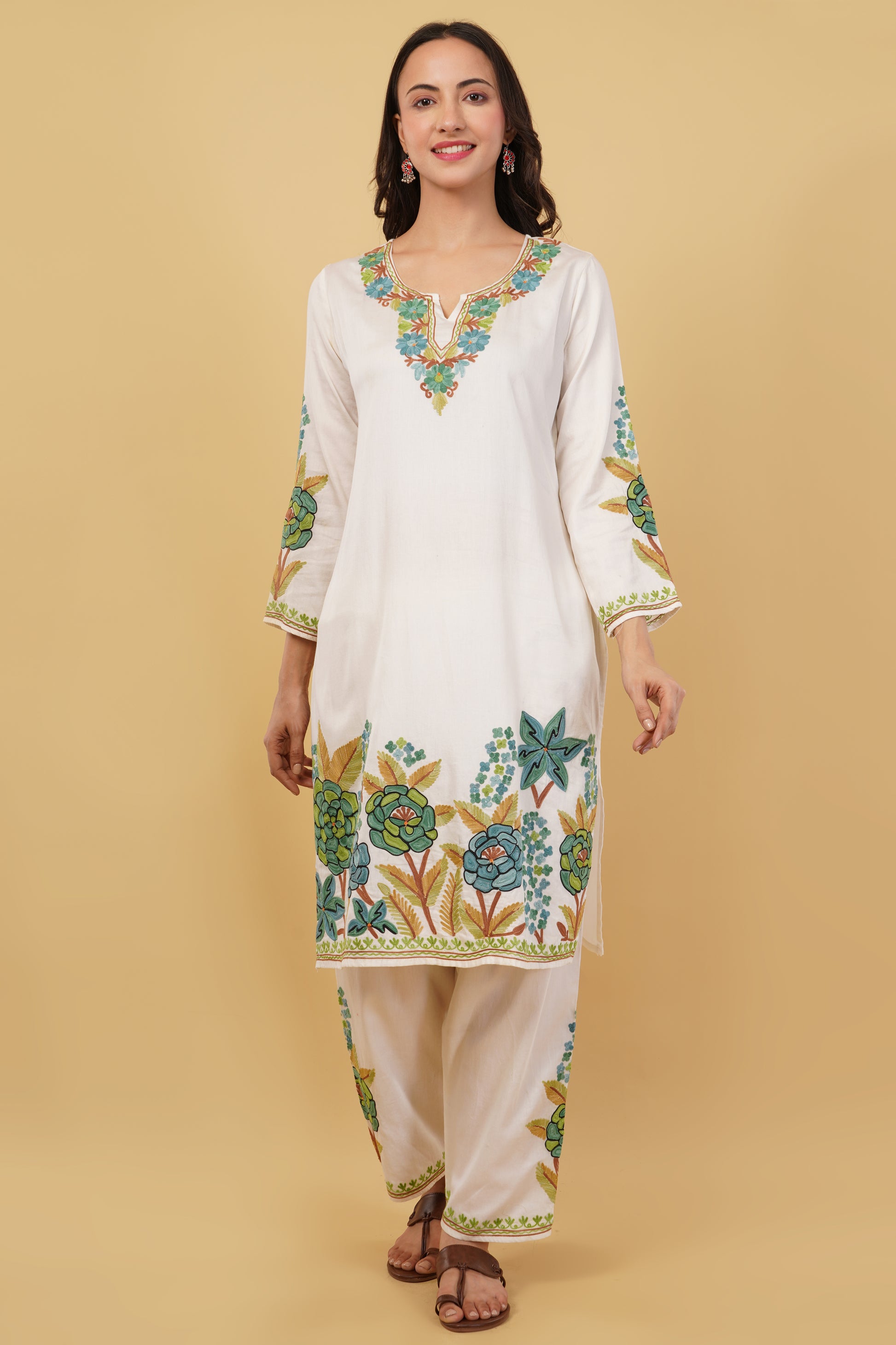 Kashmiri Aari embroidery Jaam Cotton Co-ord set Size-40 (White)