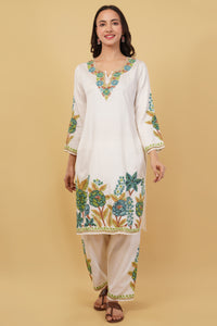 Kashmiri Aari embroidery Jaam Cotton Co-ord set Size-40 (White)