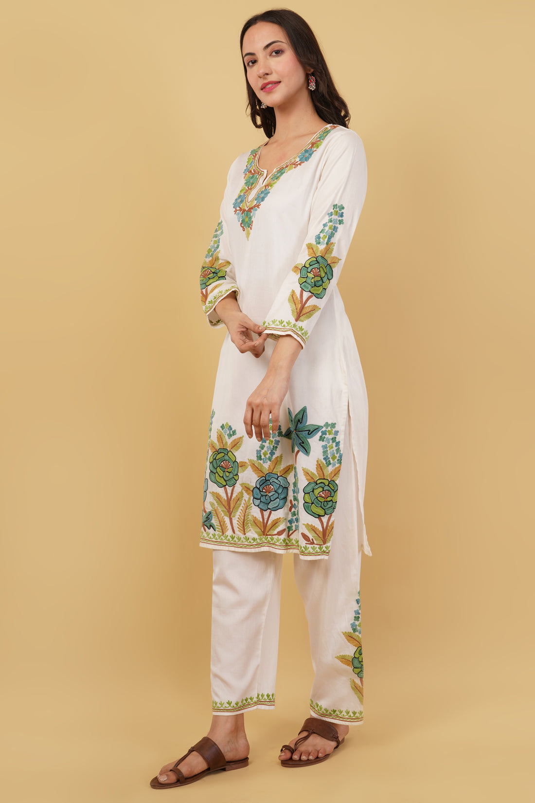Kashmiri Aari embroidery Jaam Cotton Co-ord set Size-40 (White)