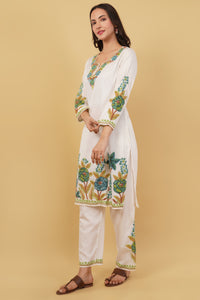 Kashmiri Aari embroidery Jaam Cotton Co-ord set Size-40 (White)