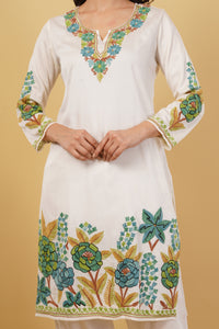 Kashmiri Aari embroidery Jaam Cotton Co-ord set Size-40 (White)
