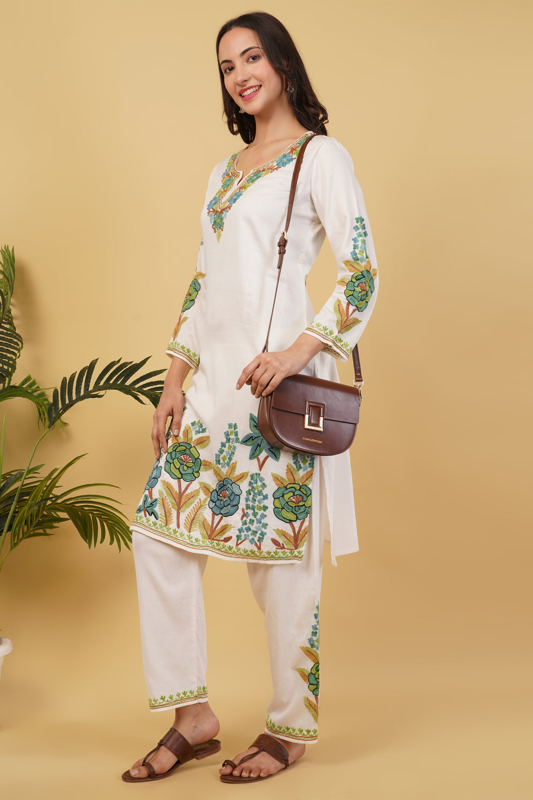 Kashmiri Aari embroidery Jaam Cotton Co-ord set Size-40 (White)