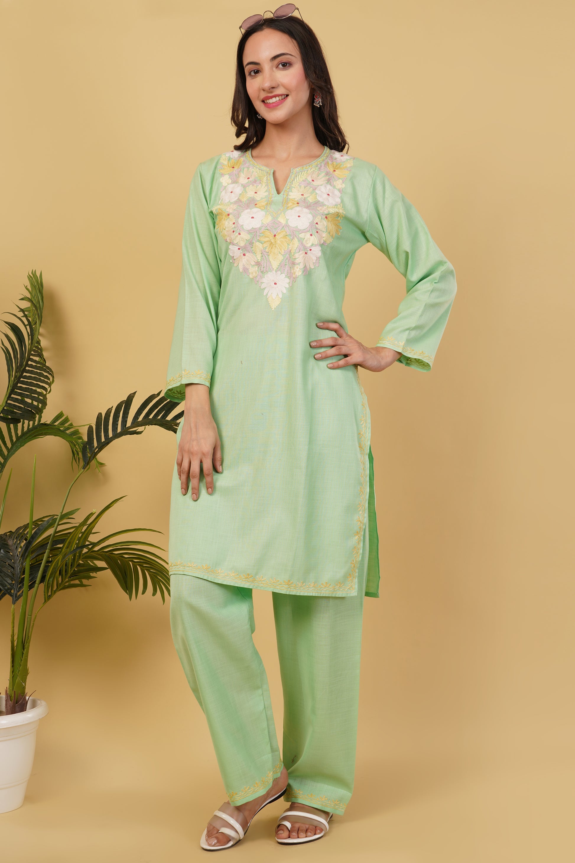Kashmiri Aari embroidery Cotton Co-ord set Size-38 (Green)