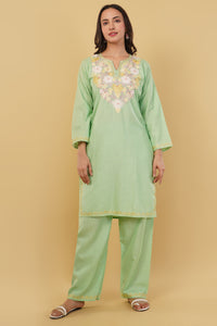 Kashmiri Aari embroidery Cotton Co-ord set Size-38 (Green)