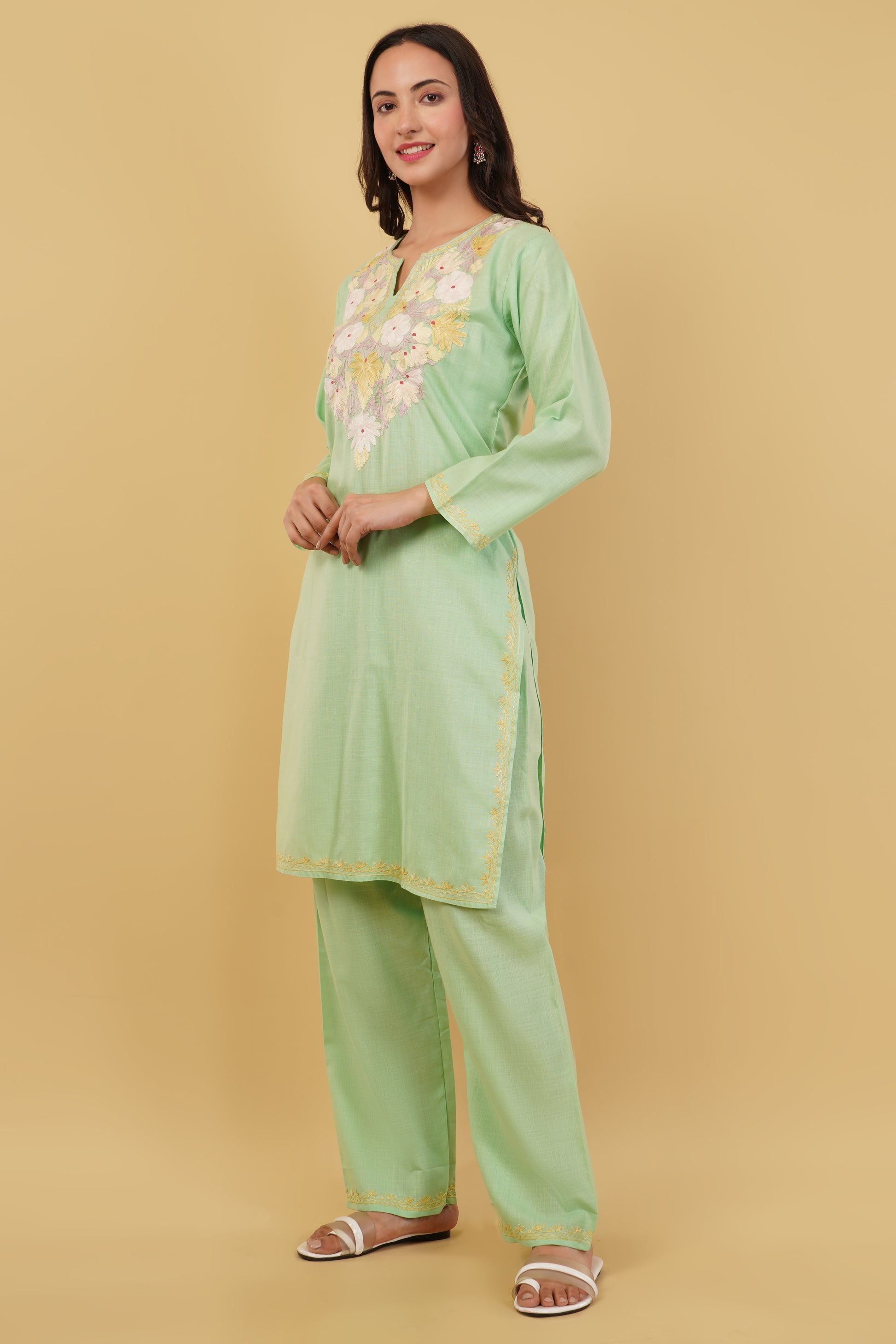 Kashmiri Aari embroidery Cotton Co-ord set Size-38 (Green)
