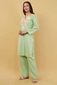 Kashmiri Aari embroidery Cotton Co-ord set Size-38 (Green)