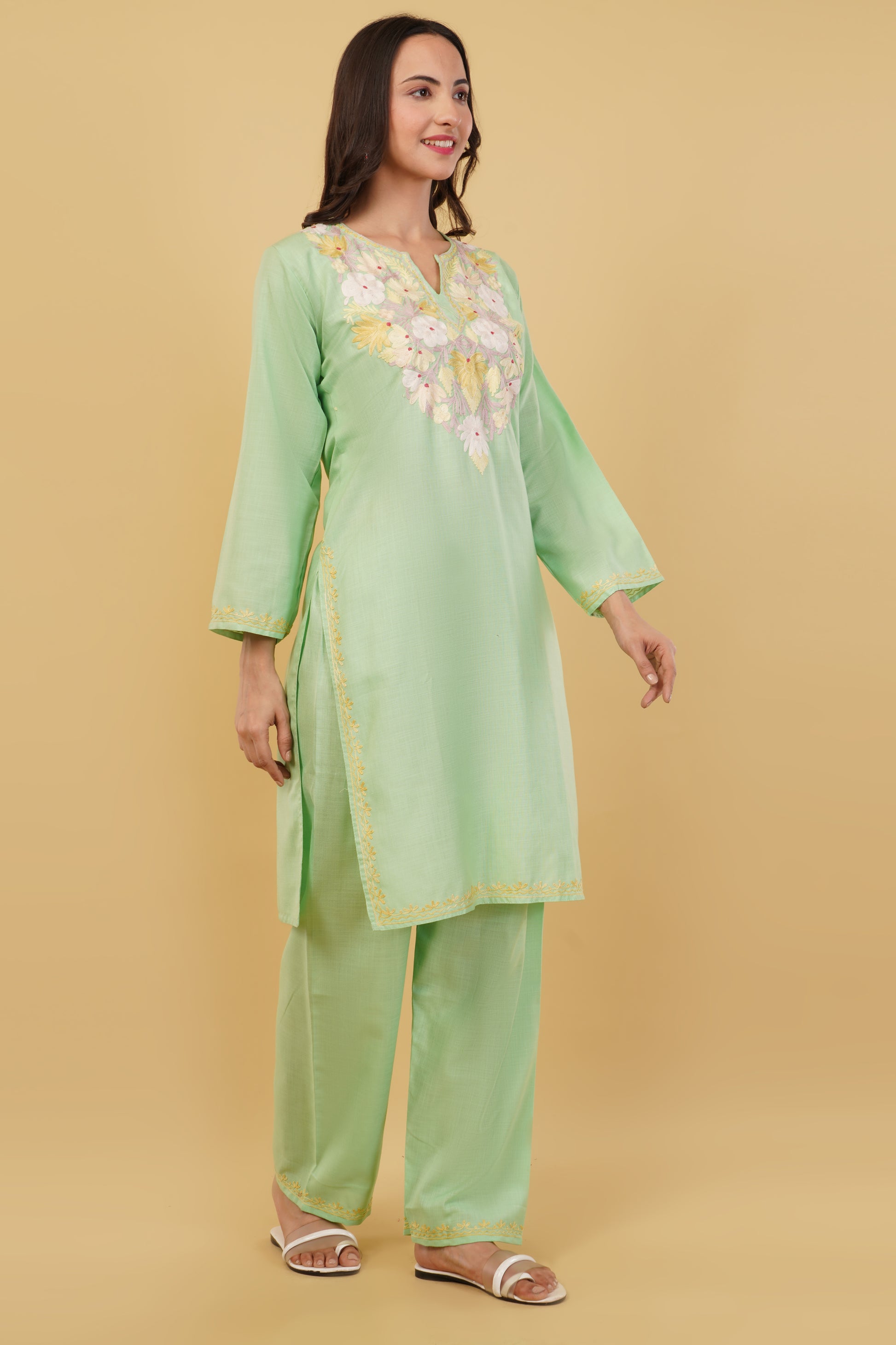 Kashmiri Aari embroidery Cotton Co-ord set Size-38 (Green)