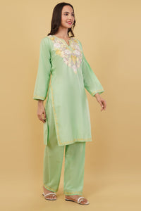 Kashmiri Aari embroidery Cotton Co-ord set Size-38 (Green)