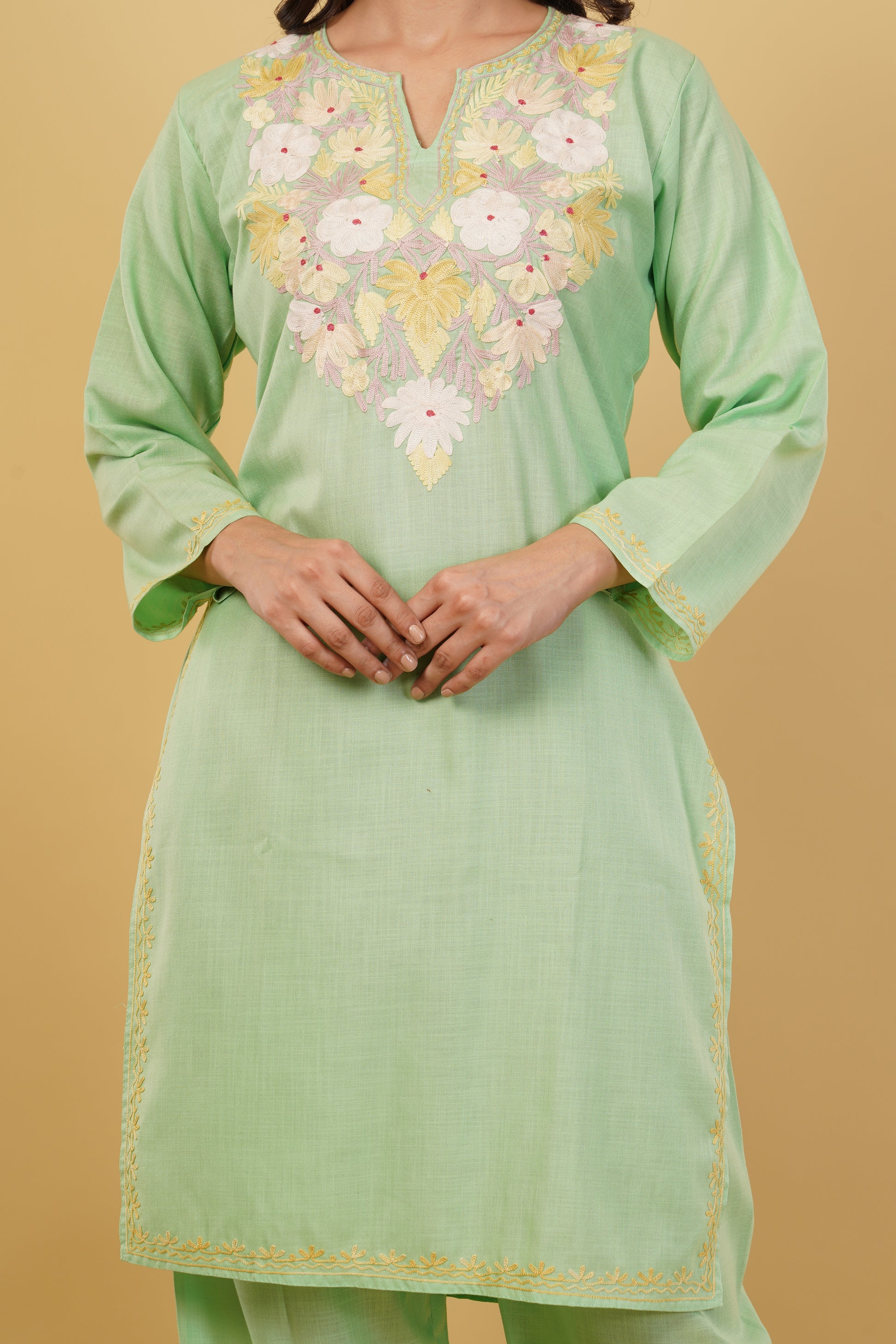 Kashmiri Aari embroidery Cotton Co-ord set Size-38 (Green)