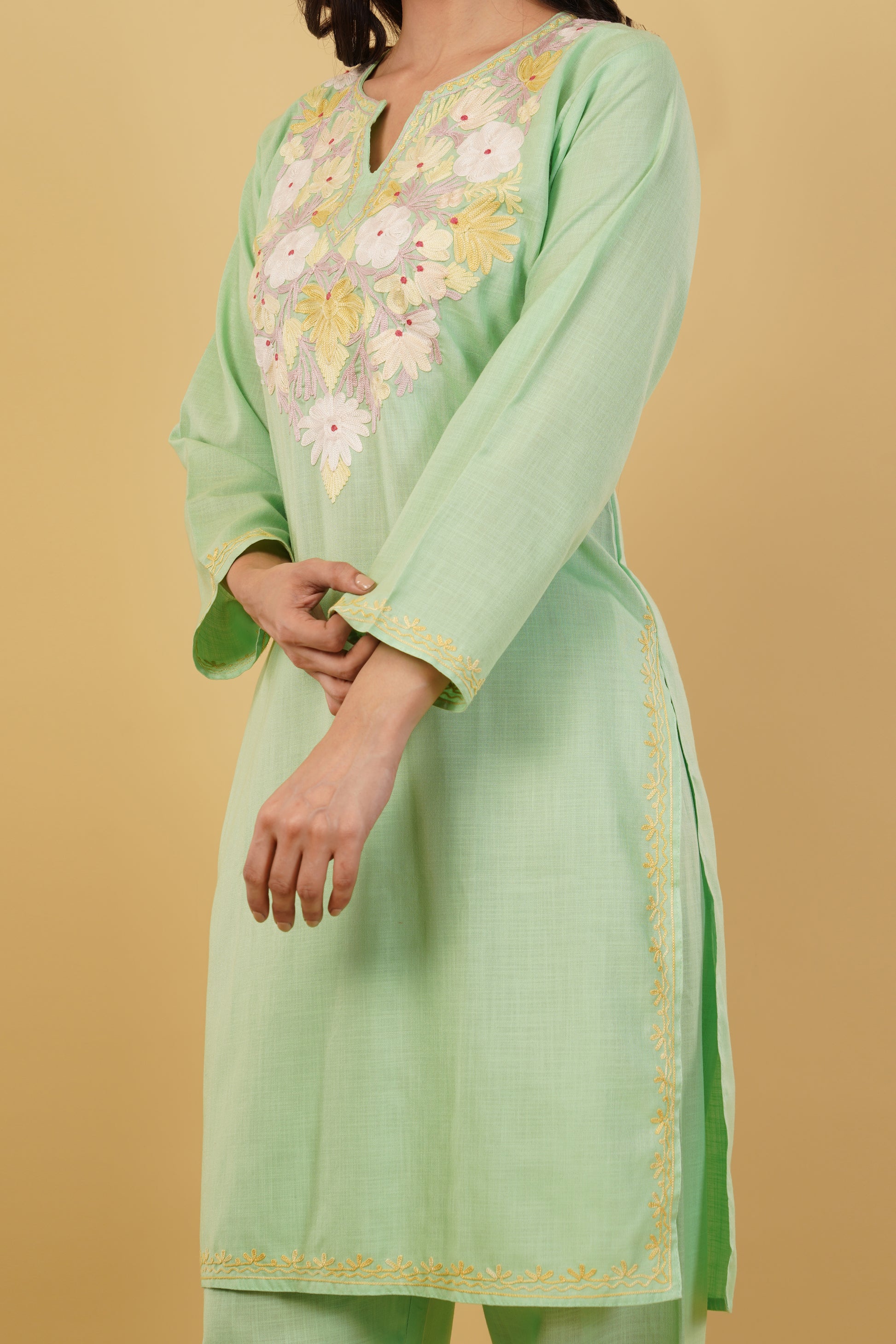 Kashmiri Aari embroidery Cotton Co-ord set Size-38 (Green)