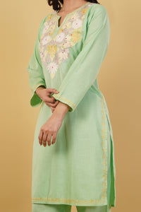 Kashmiri Aari embroidery Cotton Co-ord set Size-38 (Green)
