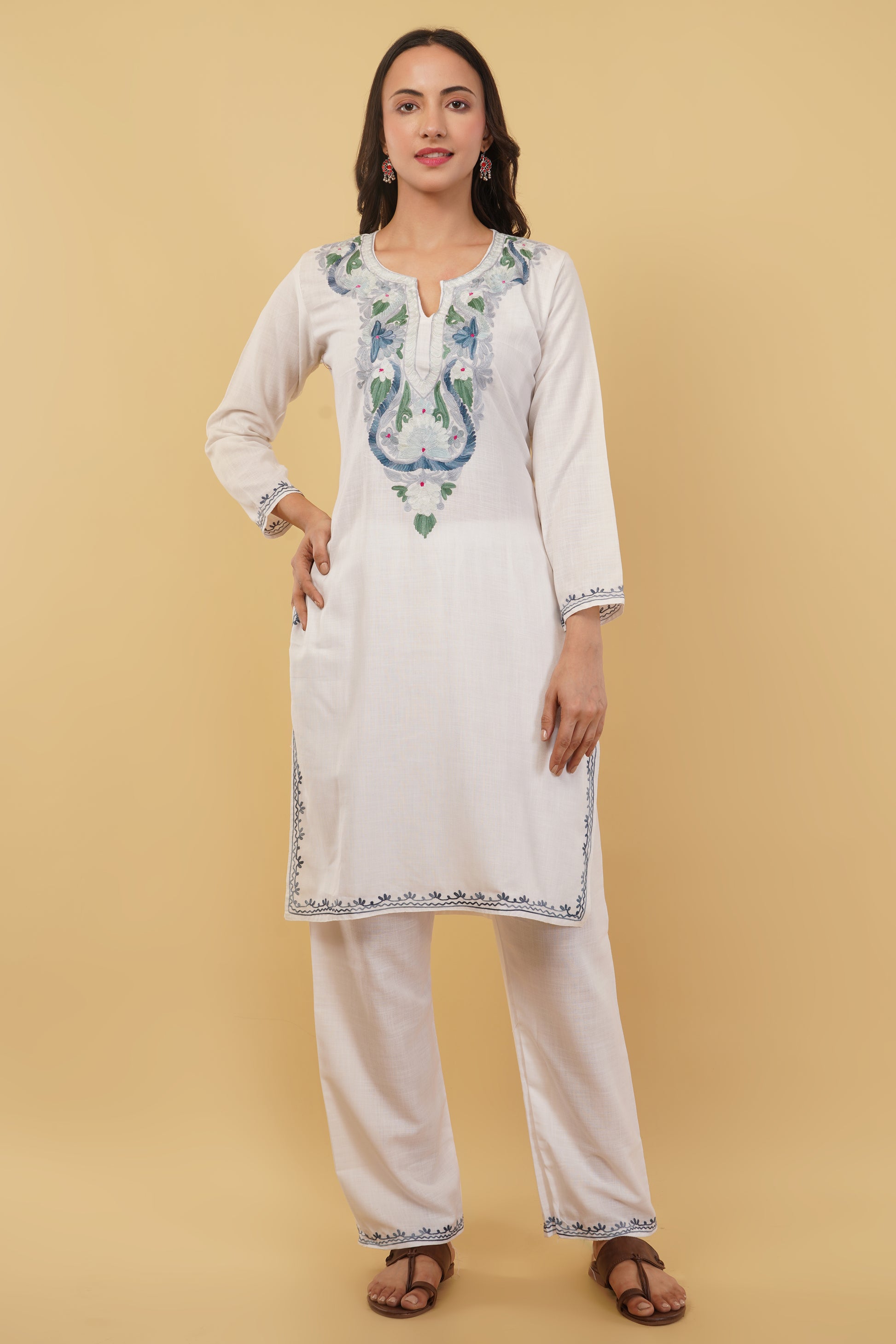 Kashmiri Aari embroidery Cotton Co-ord set Size-38 (White)