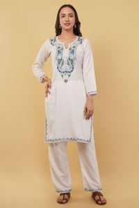 Kashmiri Aari embroidery Cotton Co-ord set Size-38 (White)