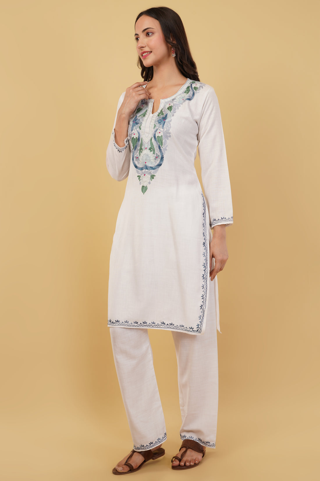 Kashmiri Aari embroidery Cotton Co-ord set Size-38 (White)