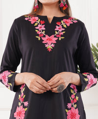Pure Acro Wool Kashmiri Aari Embroidery Kurti & Pant Set (Black)